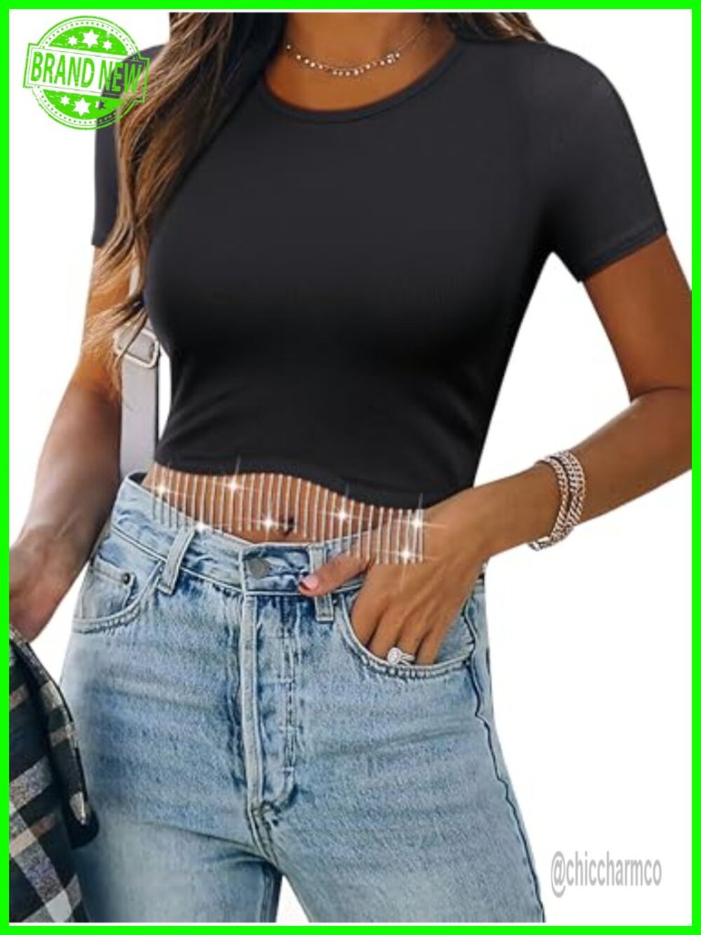 Sparkly Glitter Fringe Short Sleeve Cropped Top Ribbed Rhinestone Tassel
